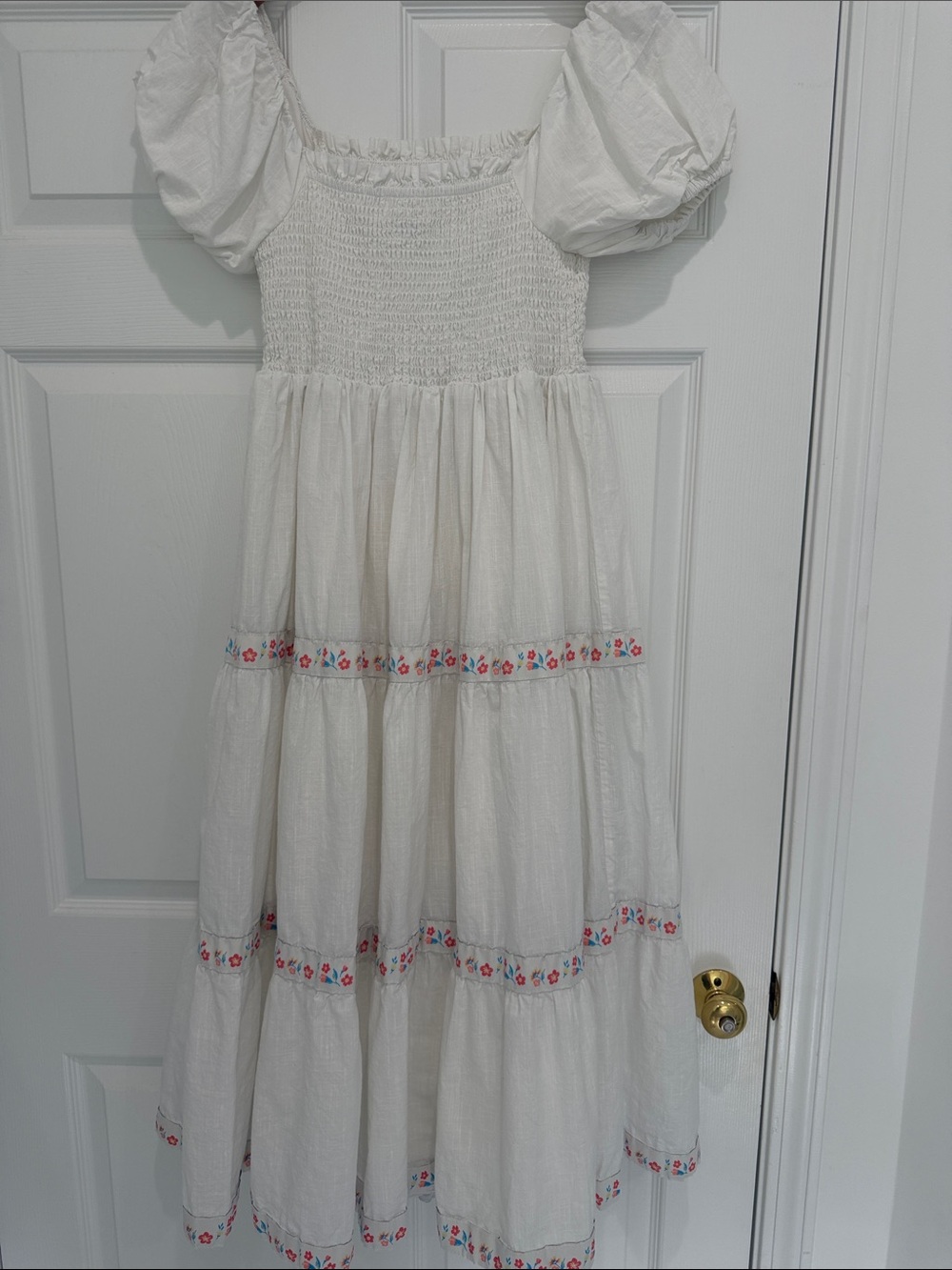 Rachel Zoe Smocked White Cotton Tiered Embroidered Boho Peasant Dress 6 - Picture 10 of 16
